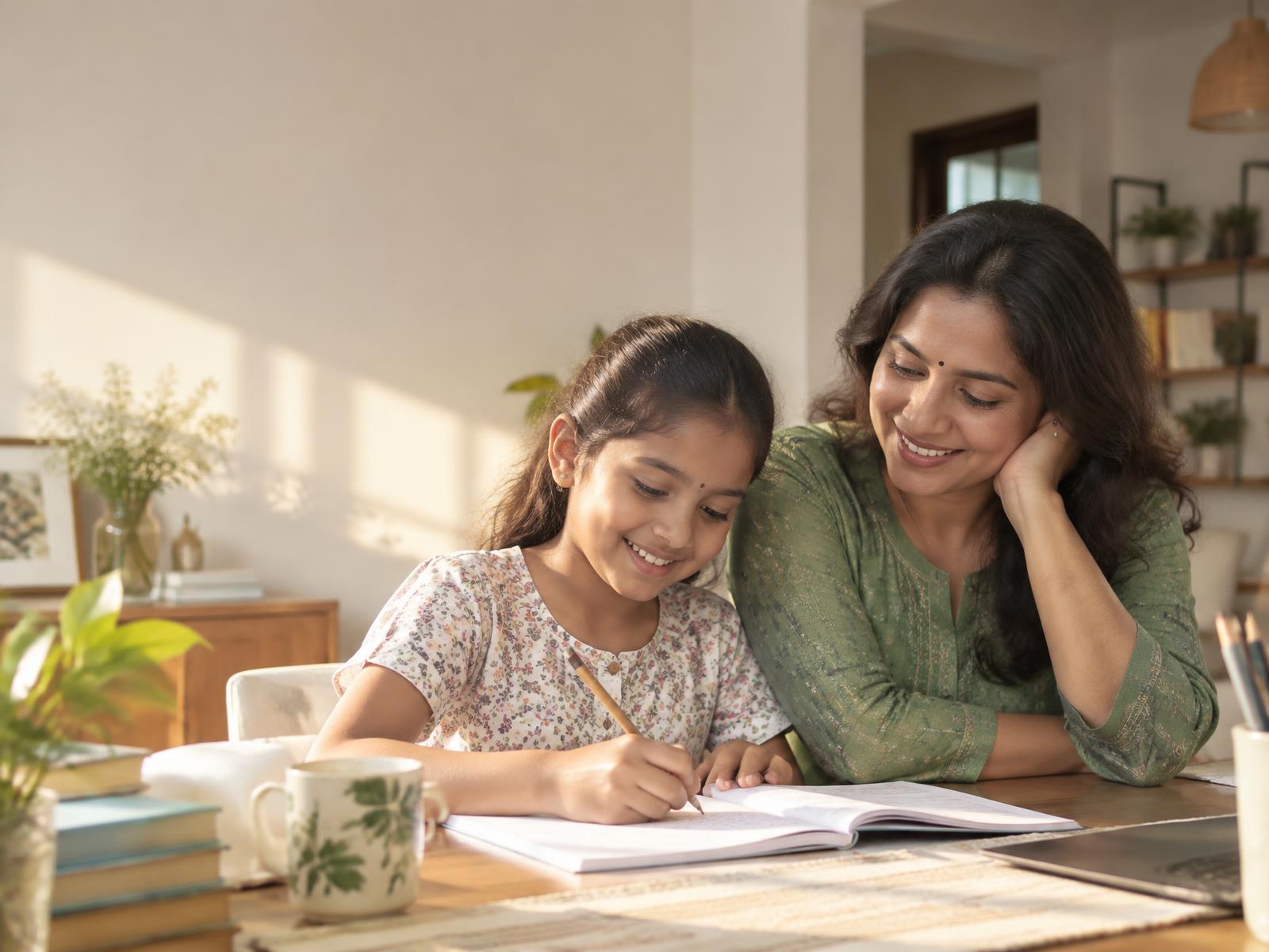 A mother and daughter enjoying a calm maths homework session